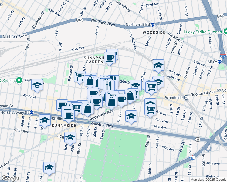 map of restaurants, bars, coffee shops, grocery stores, and more near 51-1 Skillman Avenue in Queens