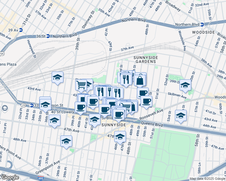 map of restaurants, bars, coffee shops, grocery stores, and more near 41-26 44th Street in Queens