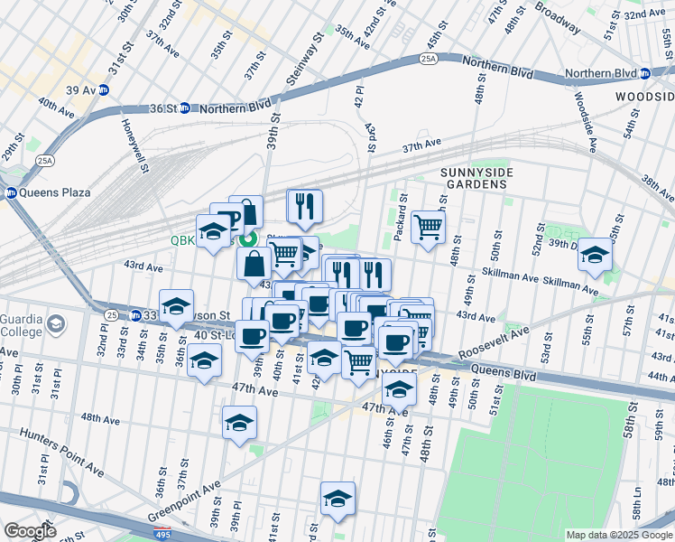 map of restaurants, bars, coffee shops, grocery stores, and more near 41-33 42nd Street in Queens