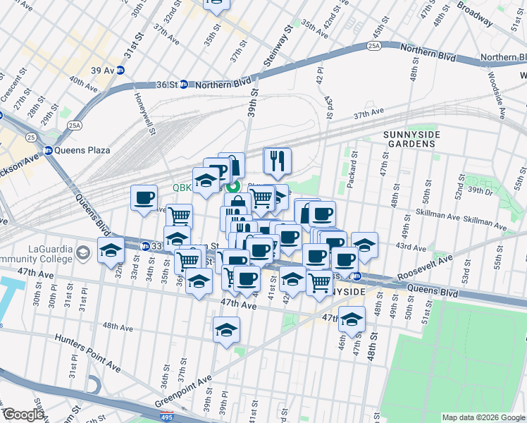 map of restaurants, bars, coffee shops, grocery stores, and more near in Queens
