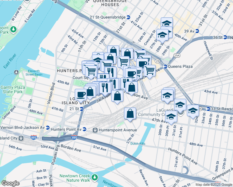 map of restaurants, bars, coffee shops, grocery stores, and more near in Queens