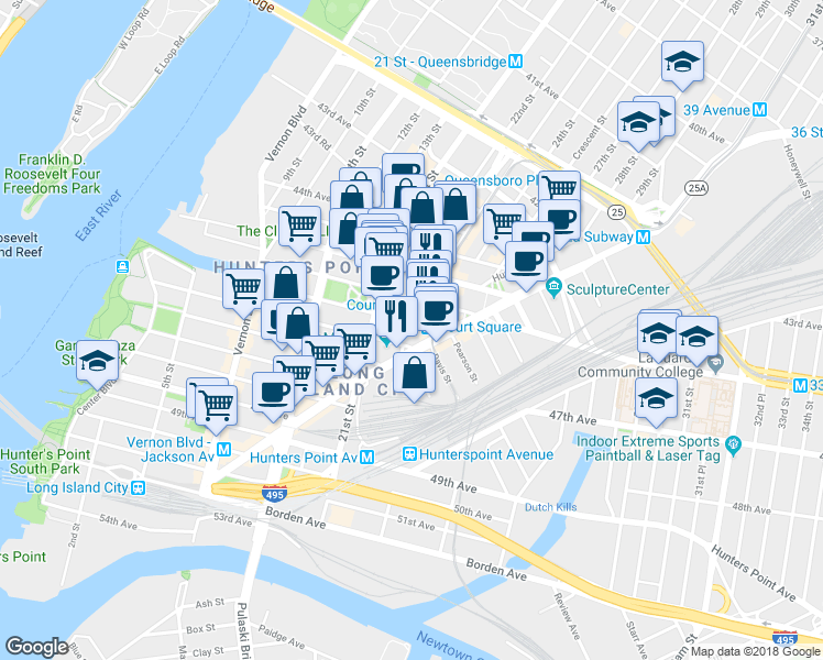 map of restaurants, bars, coffee shops, grocery stores, and more near 21-21 46th Avenue in Queens