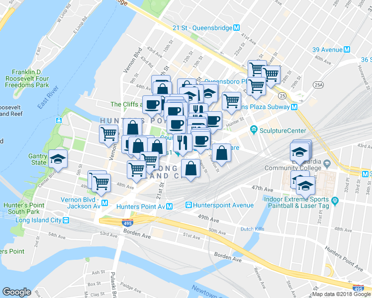 map of restaurants, bars, coffee shops, grocery stores, and more near 2131 46th Avenue in Queens