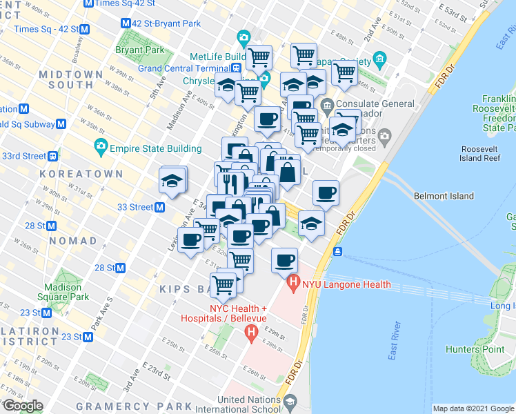 map of restaurants, bars, coffee shops, grocery stores, and more near 649 2nd Avenue in New York
