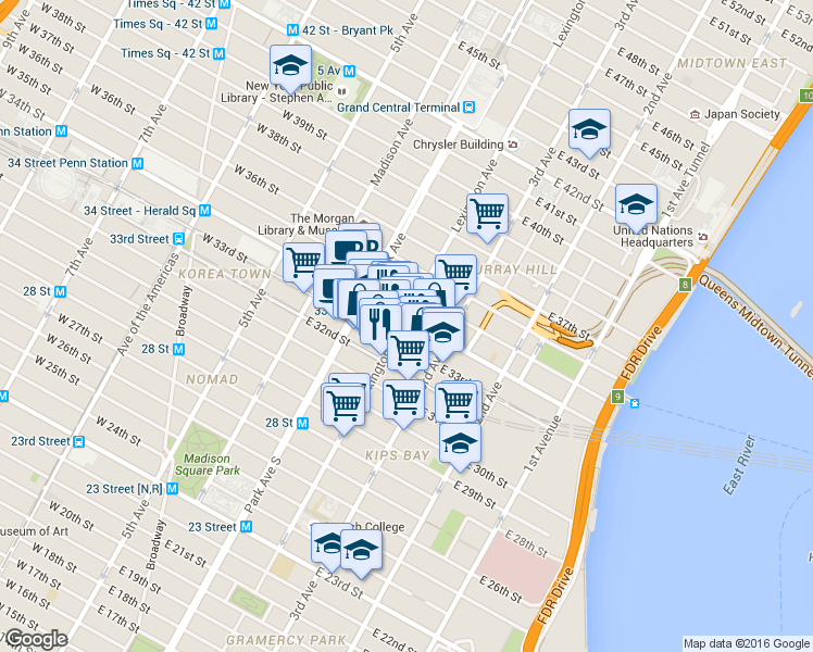 map of restaurants, bars, coffee shops, grocery stores, and more near 225 Lexington Avenue in New York