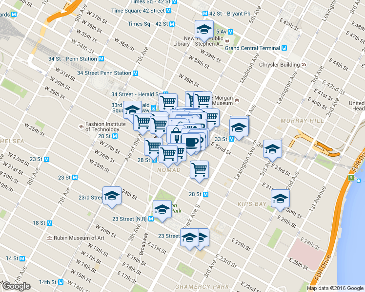 map of restaurants, bars, coffee shops, grocery stores, and more near in New York