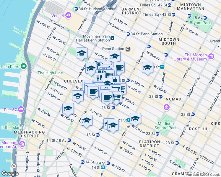 map of restaurants, bars, coffee shops, grocery stores, and more near 231 West 24th Street in New York