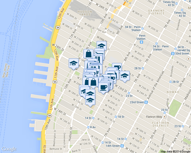 map of restaurants, bars, coffee shops, grocery stores, and more near in New York