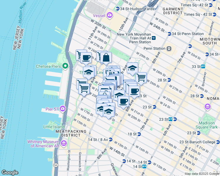 map of restaurants, bars, coffee shops, grocery stores, and more near 414 West 22nd Street in New York