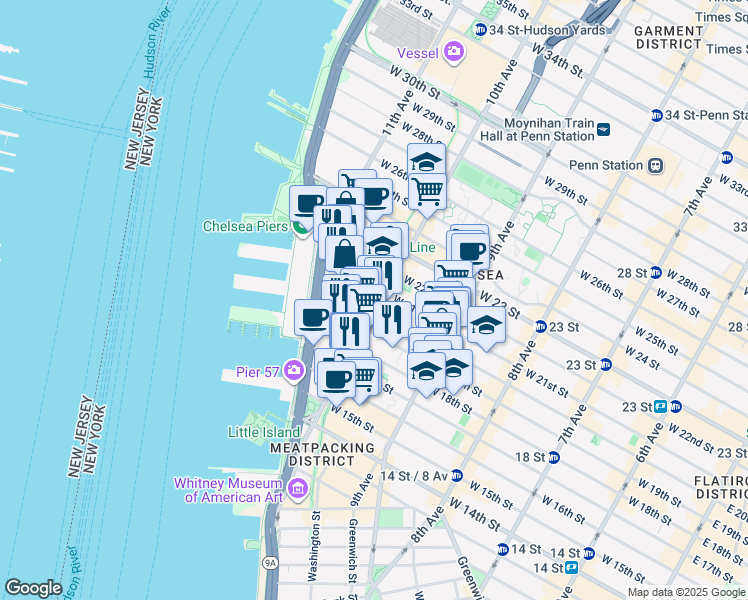 map of restaurants, bars, coffee shops, grocery stores, and more near 165 10th Avenue in New York
