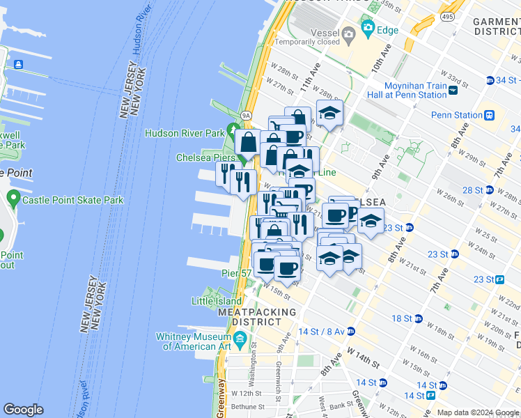 map of restaurants, bars, coffee shops, grocery stores, and more near 521 West 19th Street in New York
