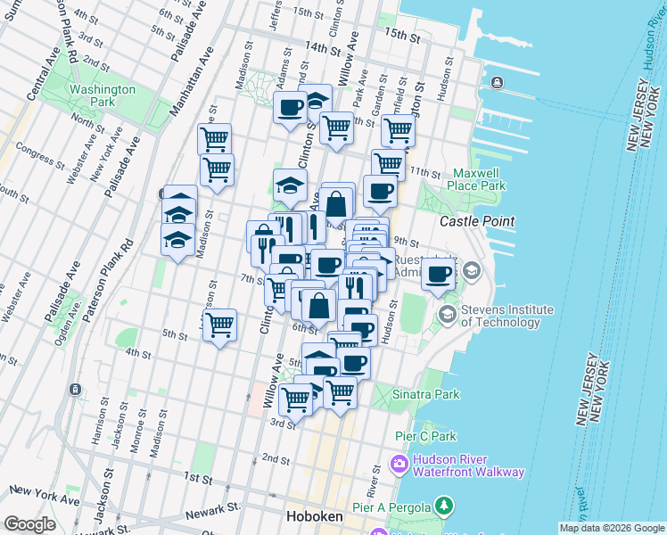 map of restaurants, bars, coffee shops, grocery stores, and more near 727 Park Avenue in Hoboken