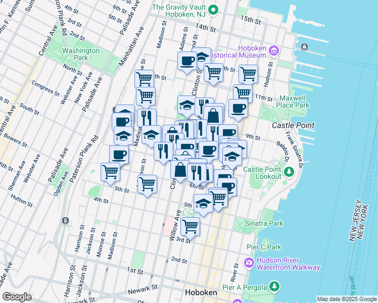 map of restaurants, bars, coffee shops, grocery stores, and more near 712 Willow Avenue in Hoboken