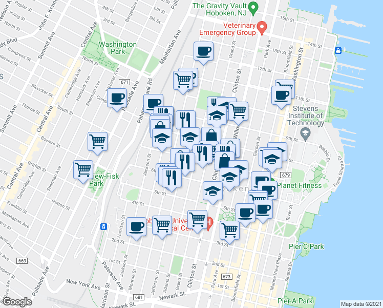 map of restaurants, bars, coffee shops, grocery stores, and more near 711 Adams Street in Hoboken