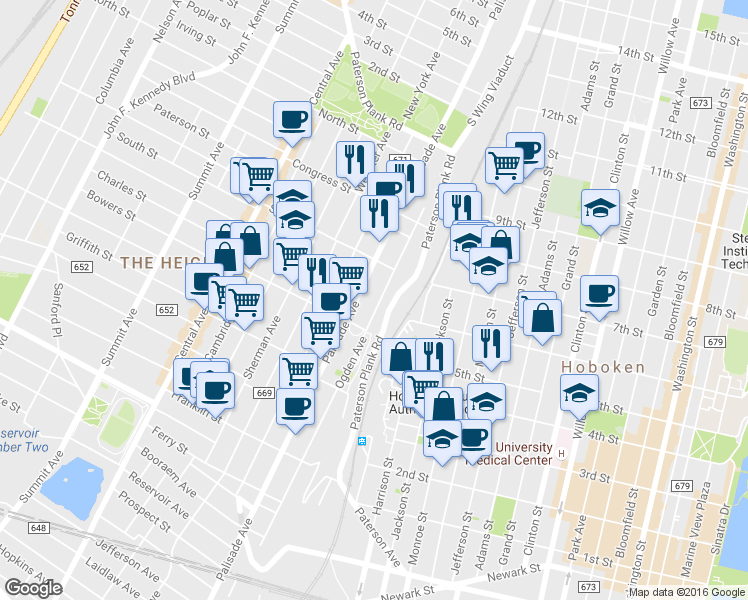 map of restaurants, bars, coffee shops, grocery stores, and more near 360 Ogden Avenue in Jersey City