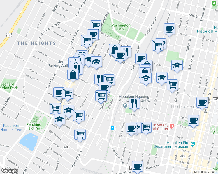 map of restaurants, bars, coffee shops, grocery stores, and more near in Jersey City