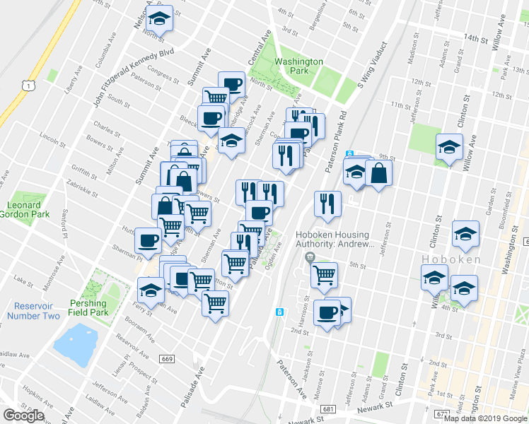 map of restaurants, bars, coffee shops, grocery stores, and more near in Jersey City