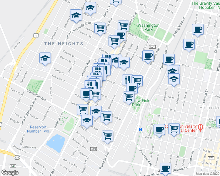 map of restaurants, bars, coffee shops, grocery stores, and more near 95 Hancock Avenue in Jersey City