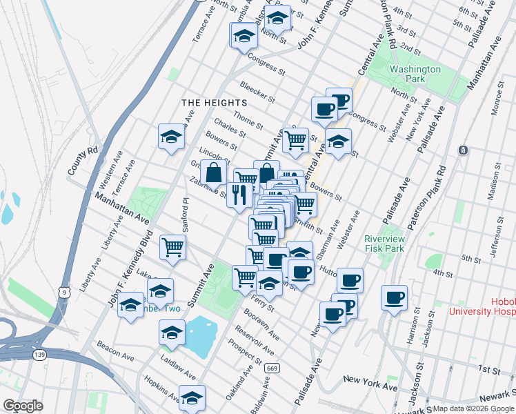 map of restaurants, bars, coffee shops, grocery stores, and more near 47 Zabriskie Street in Jersey City