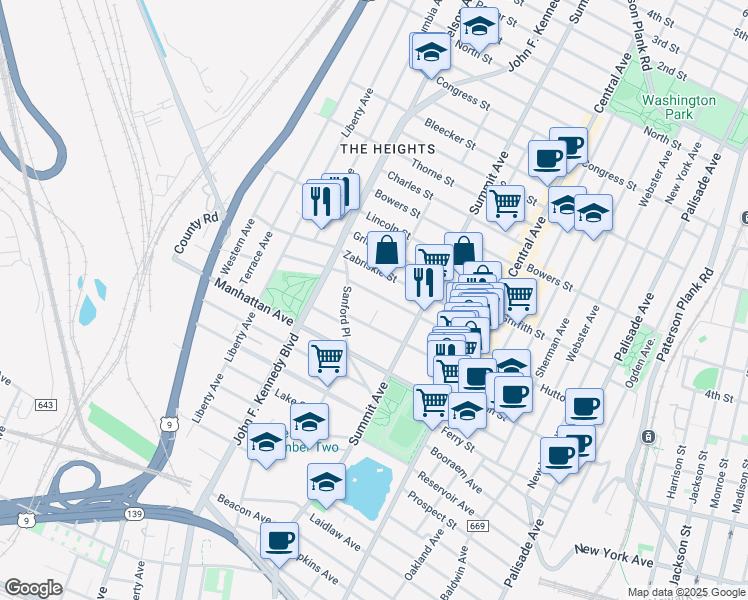 map of restaurants, bars, coffee shops, grocery stores, and more near 102 Sherman Place in Jersey City