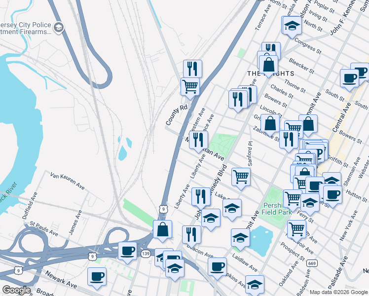 map of restaurants, bars, coffee shops, grocery stores, and more near 150 Beach Street in Jersey City