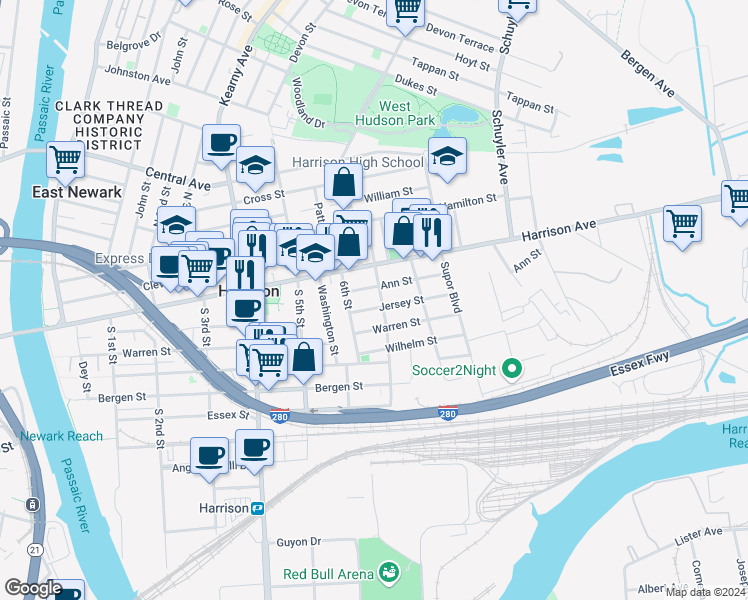 map of restaurants, bars, coffee shops, grocery stores, and more near 620 Jersey Street in Harrison