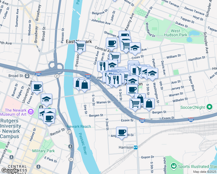map of restaurants, bars, coffee shops, grocery stores, and more near in Harrison