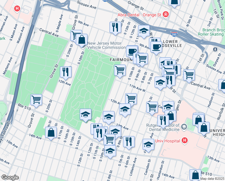map of restaurants, bars, coffee shops, grocery stores, and more near 243 South 11th Street in Newark