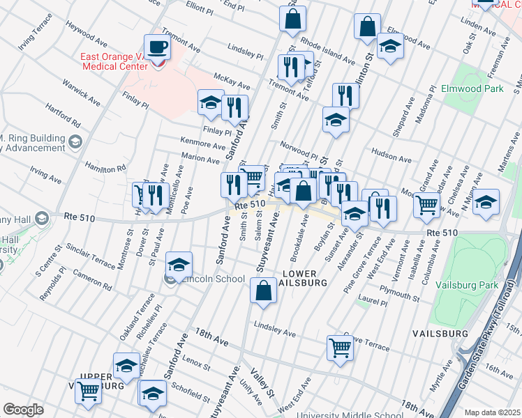 map of restaurants, bars, coffee shops, grocery stores, and more near 174 Smith Street in Newark