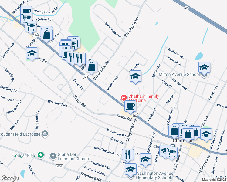map of restaurants, bars, coffee shops, grocery stores, and more near 540 Main Street in Chatham