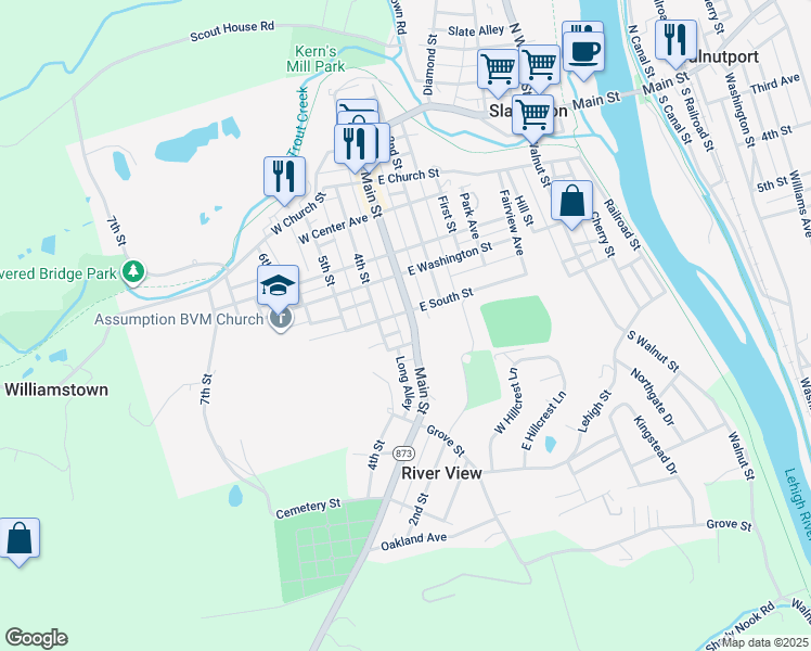 map of restaurants, bars, coffee shops, grocery stores, and more near 1135 Main Street in Slatington