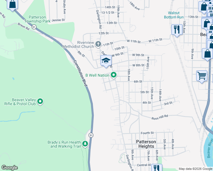 map of restaurants, bars, coffee shops, grocery stores, and more near 503 Hillcrest Avenue in Beaver Falls