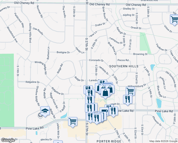 map of restaurants, bars, coffee shops, grocery stores, and more near 6438 Lone Tree Drive in Lincoln