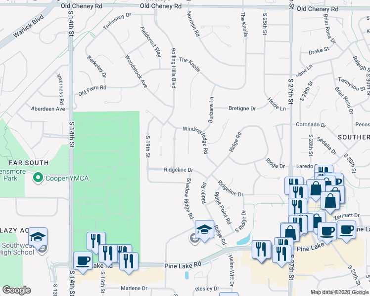 map of restaurants, bars, coffee shops, grocery stores, and more near 6521 Winding Ridge Court in Lincoln