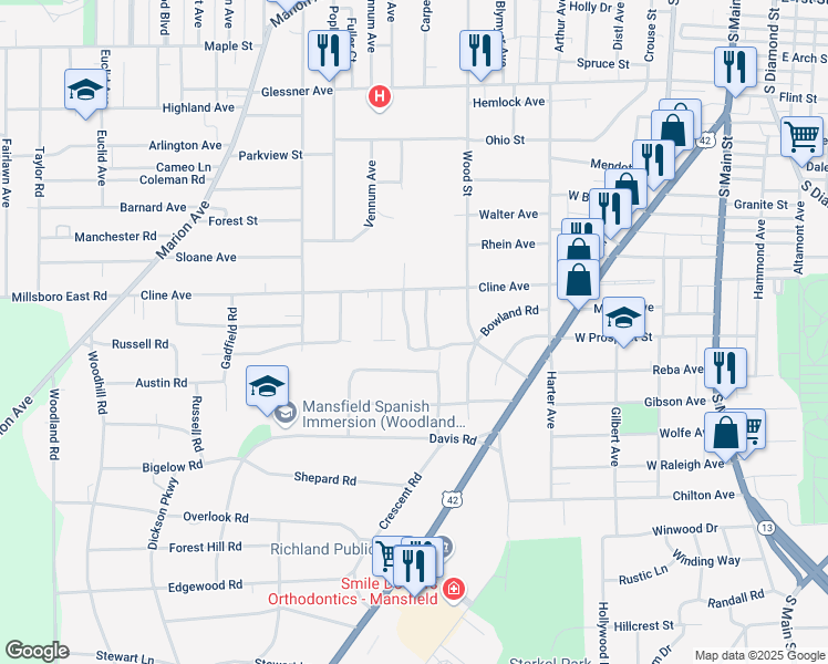 map of restaurants, bars, coffee shops, grocery stores, and more near 340 Abbeyfeale Road in Mansfield