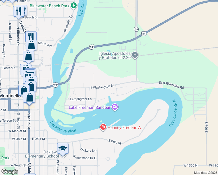 map of restaurants, bars, coffee shops, grocery stores, and more near 723 East Washington Street in Monticello