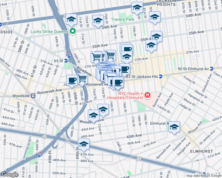 map of restaurants, bars, coffee shops, grocery stores, and more near 40-21 74th Street in Queens