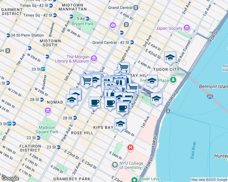 map of restaurants, bars, coffee shops, grocery stores, and more near 155 East 34th Street in New York