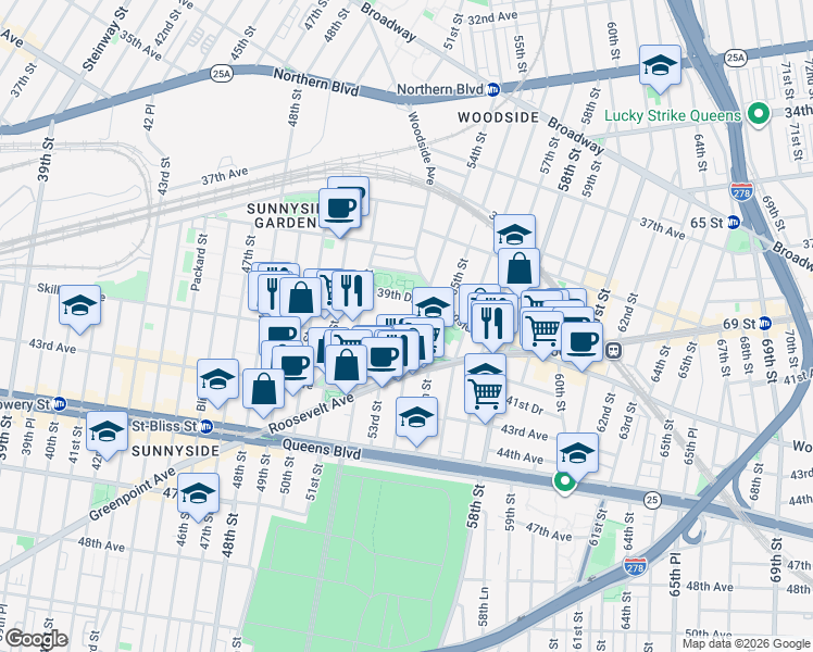 map of restaurants, bars, coffee shops, grocery stores, and more near 53-03 Skillman Avenue in Queens