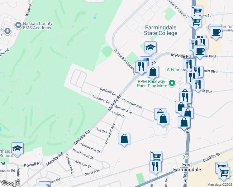 map of restaurants, bars, coffee shops, grocery stores, and more near 1 Daffodil Drive in Farmingdale