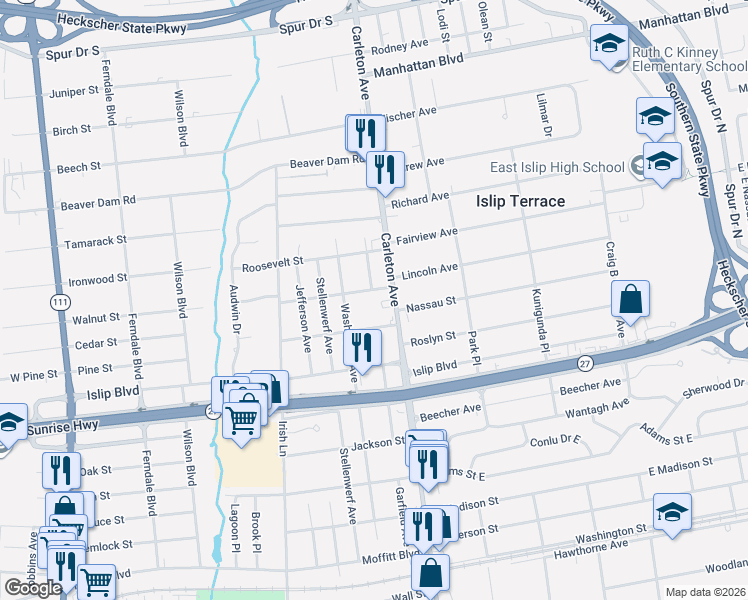 map of restaurants, bars, coffee shops, grocery stores, and more near 118 Carleton Avenue in Islip Terrace
