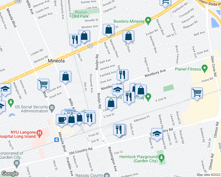 map of restaurants, bars, coffee shops, grocery stores, and more near 23 Westbury Avenue in Mineola