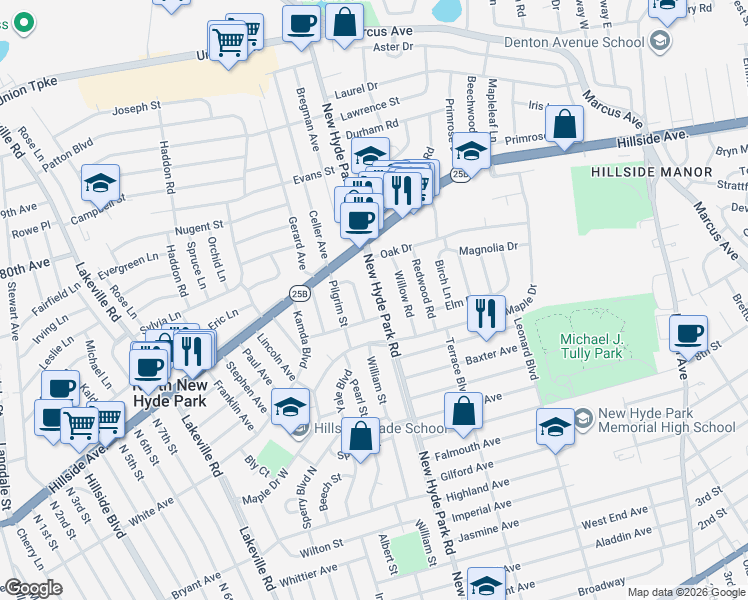 map of restaurants, bars, coffee shops, grocery stores, and more near 1701 New Hyde Park Road in New Hyde Park