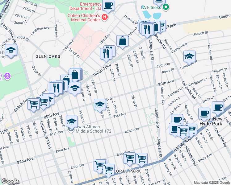 map of restaurants, bars, coffee shops, grocery stores, and more near 79-54 265th Street in Queens