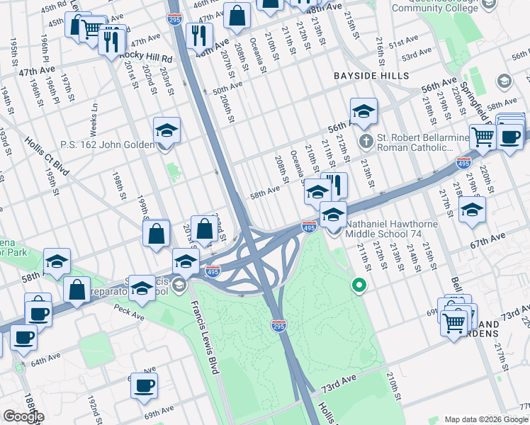 map of restaurants, bars, coffee shops, grocery stores, and more near 58-33 Clearview Expressway in Queens