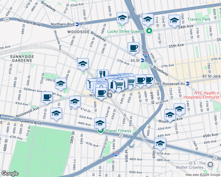 map of restaurants, bars, coffee shops, grocery stores, and more near in Queens