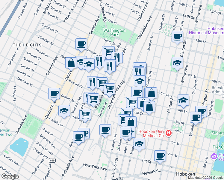 map of restaurants, bars, coffee shops, grocery stores, and more near 360 Ogden Avenue in Jersey City
