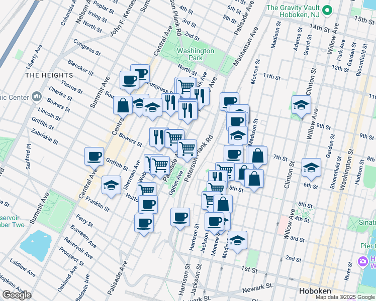 map of restaurants, bars, coffee shops, grocery stores, and more near 360 Ogden Avenue in Jersey City