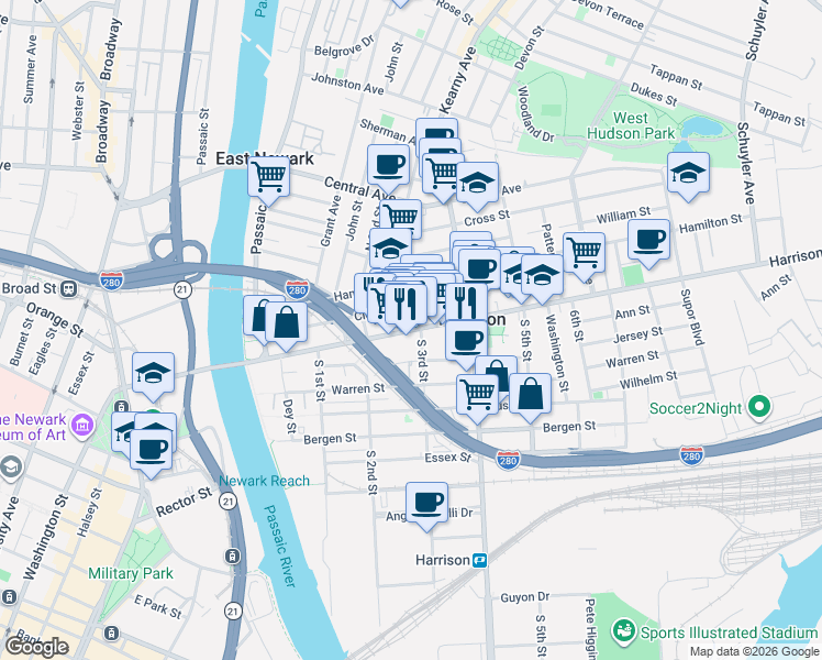 map of restaurants, bars, coffee shops, grocery stores, and more near 239 Harrison Avenue in Harrison