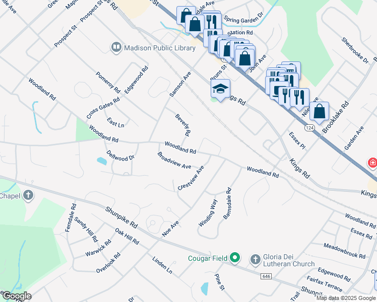 map of restaurants, bars, coffee shops, grocery stores, and more near 90 Woodland Road in Madison